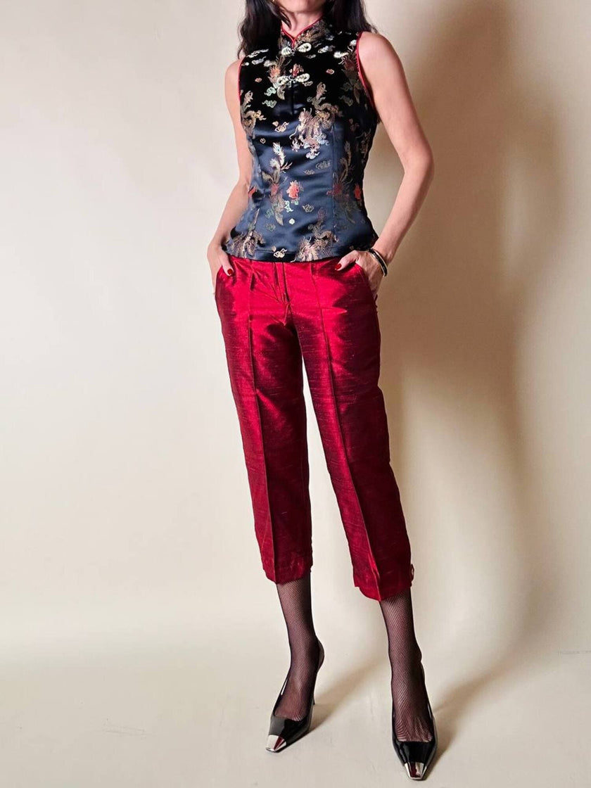 Qipao top in raso jacquard nero fantasia cinese