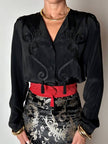 Camicia vintage in misto seta nero con passamanerie ricamate e nappe couture