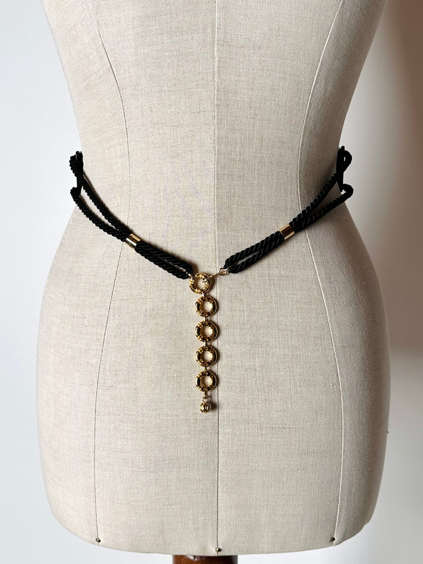 Vintage-Gürtel aus schwarzem Lucite mit Couture-Quaste und gedrehten Kordeln