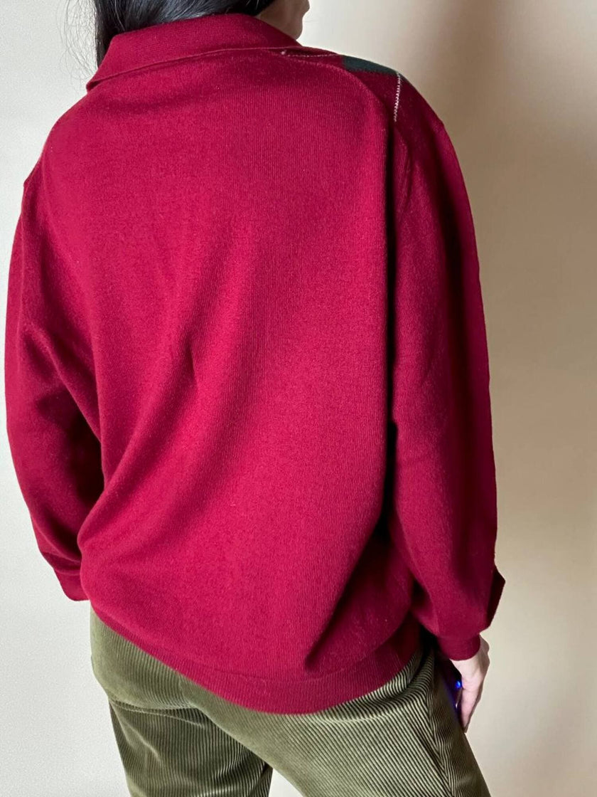 Pullover Yves Saint Laurent fantasia Argyle rosso Borgogna verde inglese e blu notte