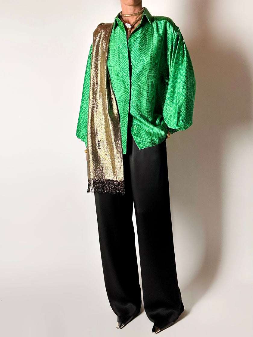 Camicia vintage sartoriale in raso di seta stampa pitone verde smeraldo