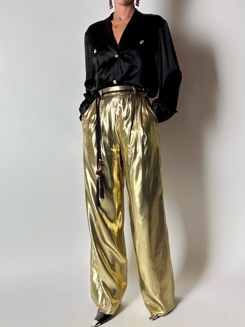 Pantalone vintage Yves Saint Laurent Rive Gauche a palazzo in seta lamé oro