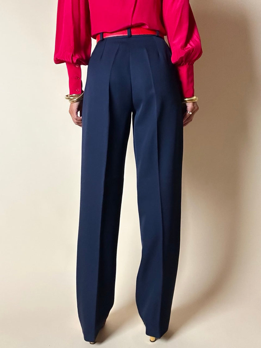 Pantalones Yves Saint Laurent Rive Gauche modelo de talle alto en lana azul marino