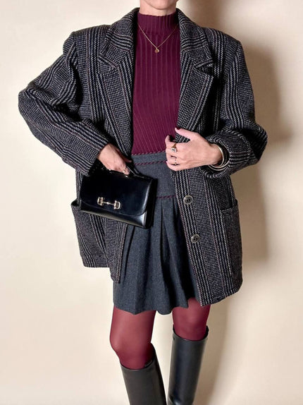 Minigonna Yves Saint Laurent in lana grigio antracite con piping a righe bordeaux e blu