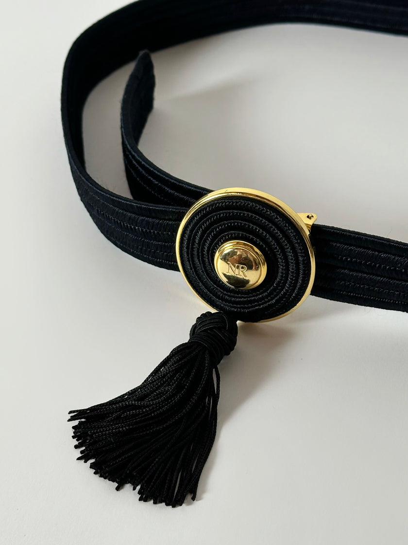 Cintura vintage Nina Ricci Paris in passamaneria elastica nera con fibbia gioiello e nappa couture