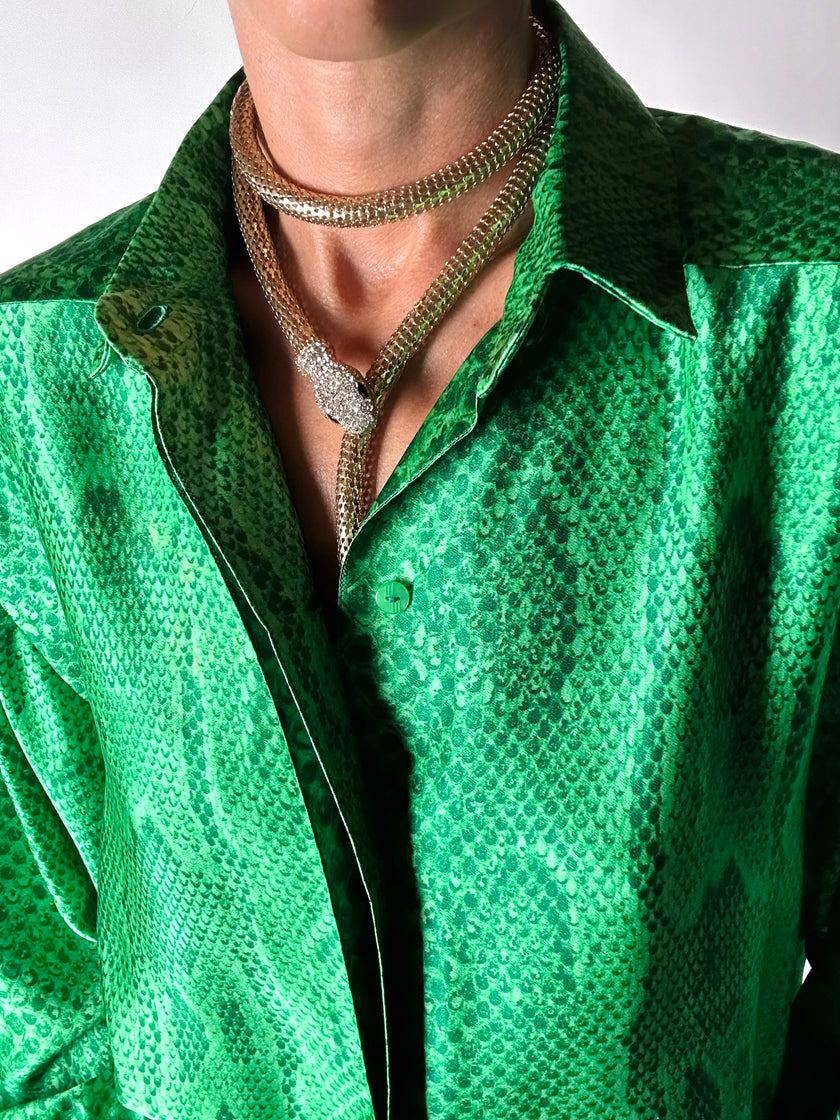 Collana/cintura gioiello vintage a forma di serpente in maglia metallica dorata con strass