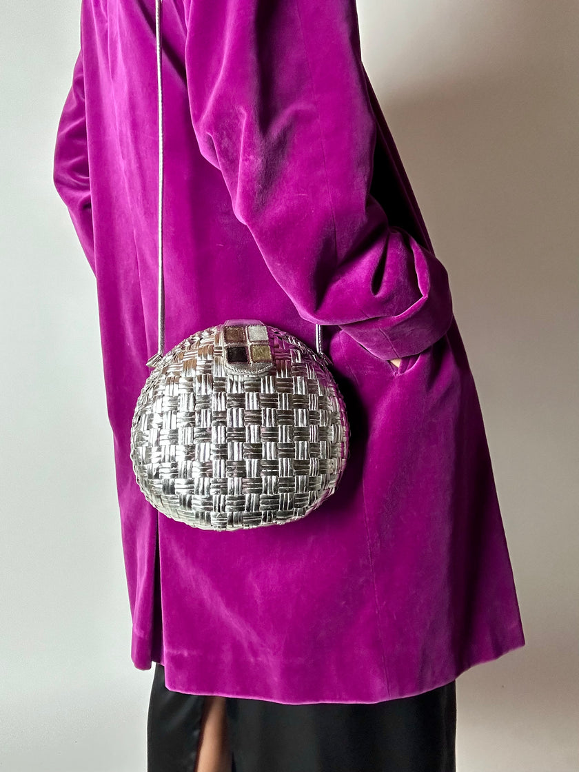 Borsa bandoulière vintage Rodo in midollino argento con chiusura gioiello