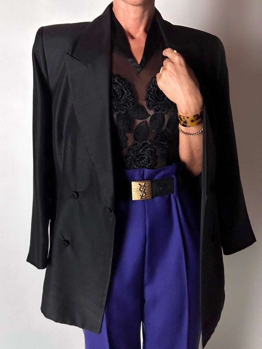 Blazer vintage Episode in shantung di seta nera con bottoni in passamaneria