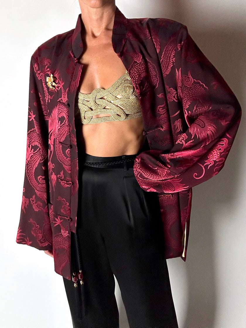 Giacca vintage in tessuto jacquard bordeaux con draghi cinesi e alamari