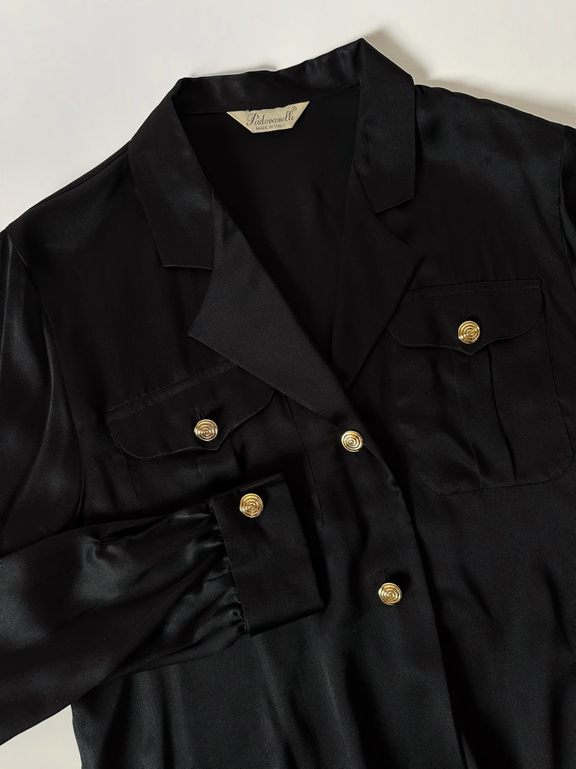 Camicia vintage Padovanelle in raso di seta nero con bottoni gioiello dorati