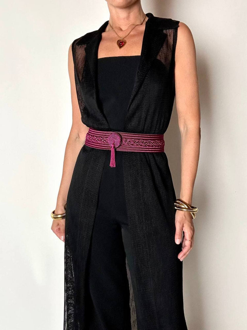 Gilet vintage lungo in rete nera con rever e spacchi laterali New Age