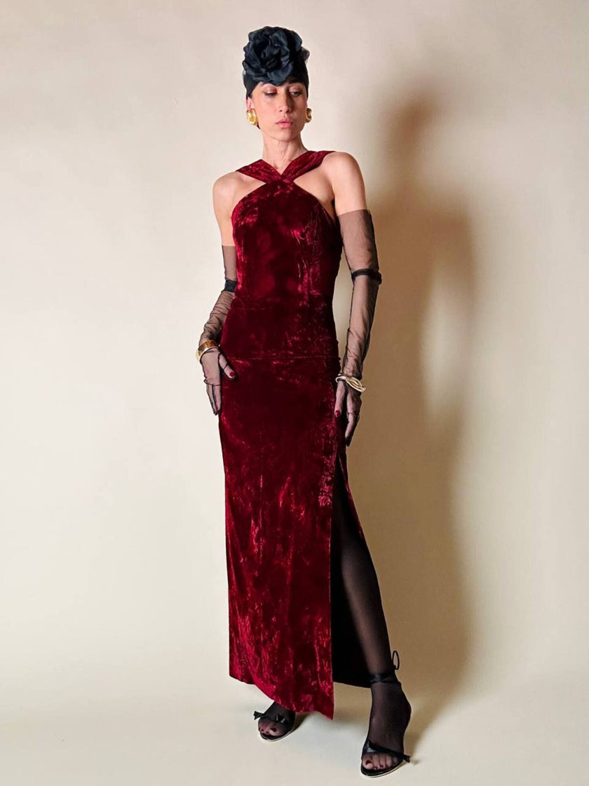 Abito lungo in velluto bordeaux “Evening Chic by Nancy Bracoloni”