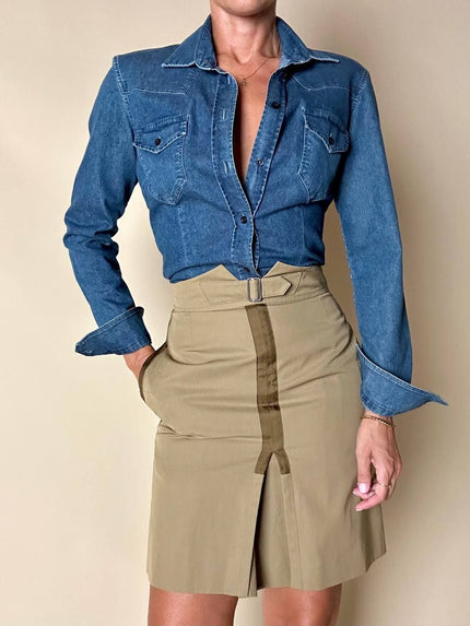 Minigonna Yves Saint Laurent Rive Gauche in cotone cachi con riporti in seta