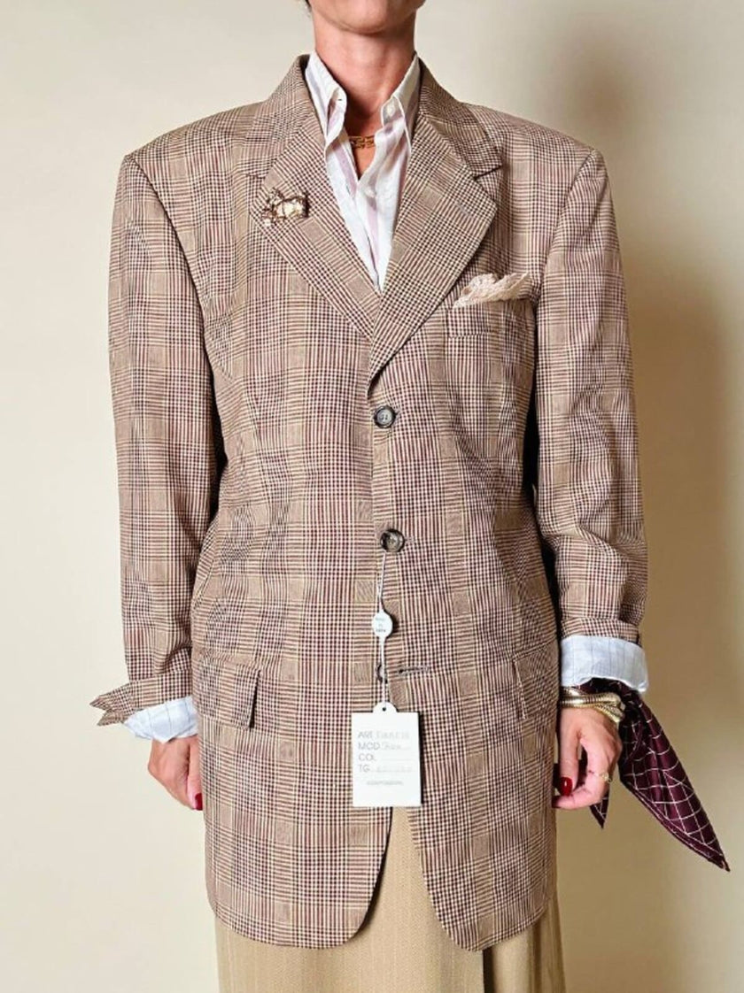 Blazer oversize in fresco di lana principe di Galles beige e marrone Vincam