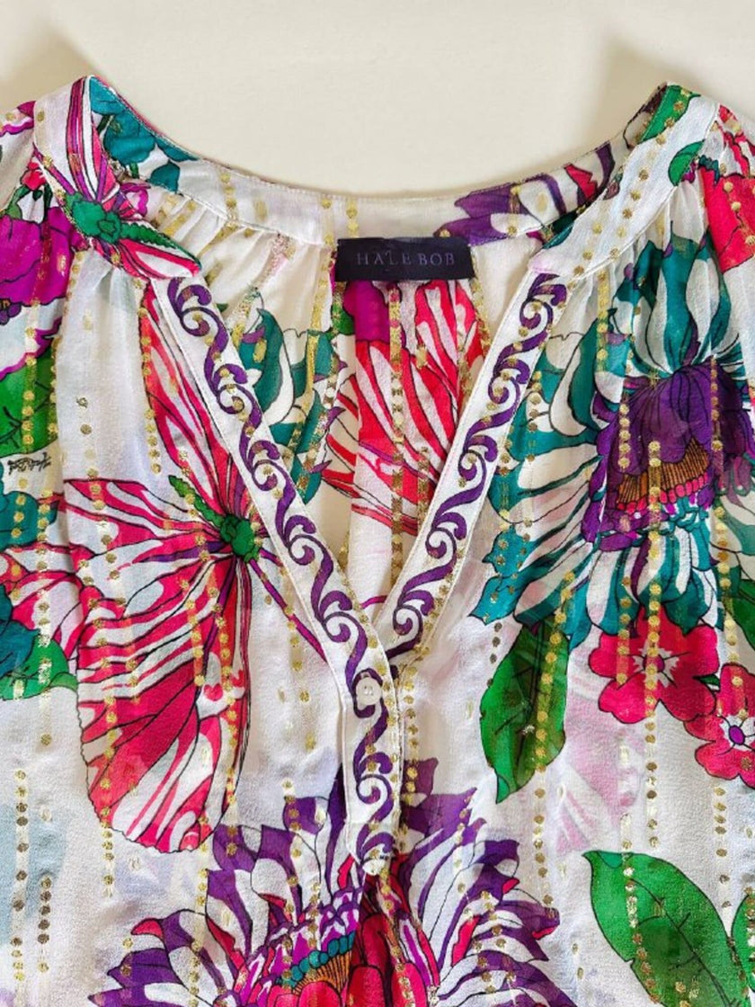 Blusa in seta bianca Jacquard fantasia floreale multicolor “Hale Bob”