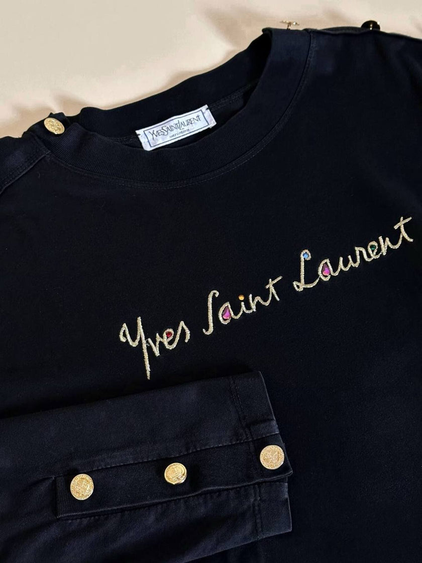 Maglia vintage Yves Saint Laurent in cotone nero con firma ricamata e bottoni dorati