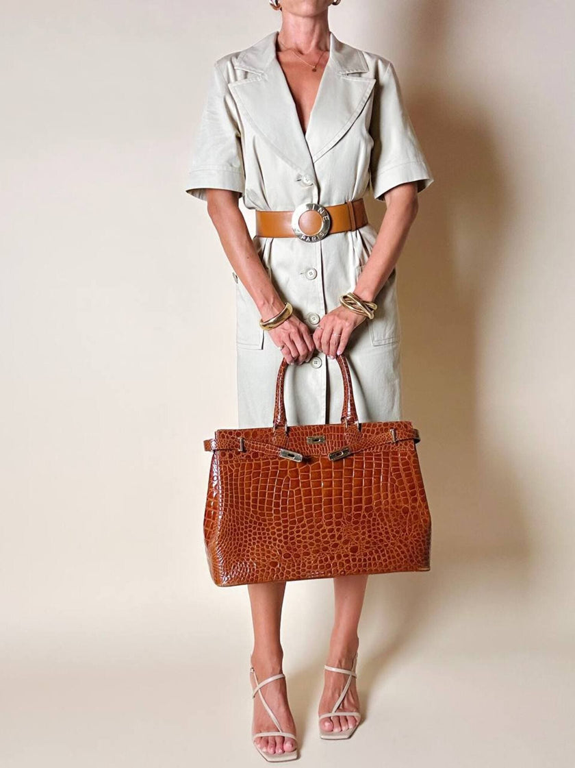 Maxi borsa in pelle stampa coccodrillo color cuoio