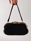 Borsa da sera vintage Art Déco in crochet  nero con montatura in metallo argentato