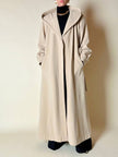Cappotto lungo a vestaglia con cappuccio in drap di lana beige “Yves Saint Laurent”