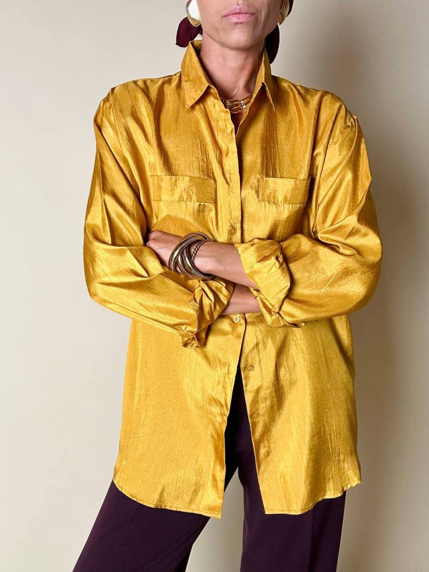 Camicia oversize in raso stropicciato color zafferano
