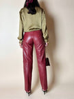 Pantalone in pelle mattone rosato a vita alta con pince e cintura in coordinato La Matta