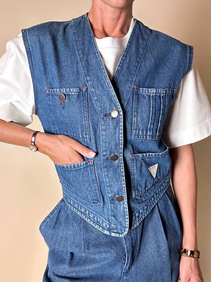 Gilet Valentino Jeans in denim blu slavato con bottoni a chiodo