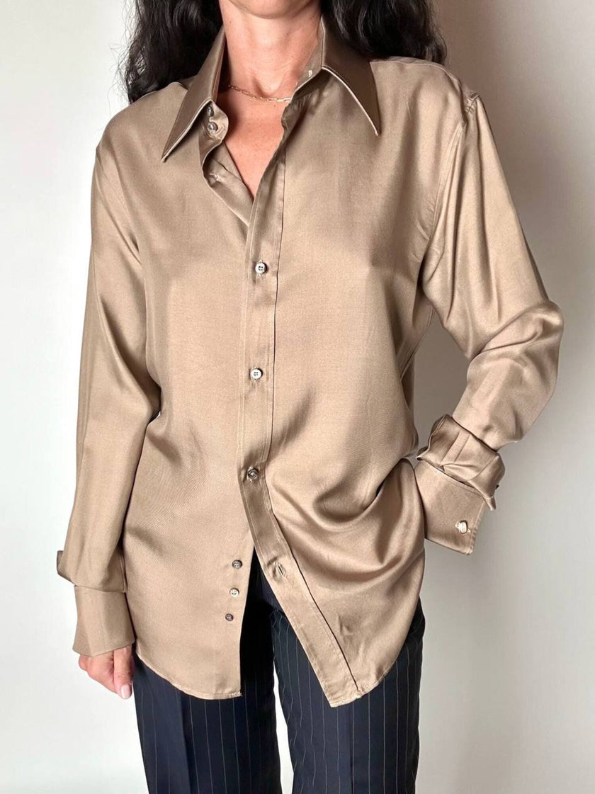 Vintage Gucci dove-grey silk shirt with mother-of-pearl buttons and French cuffs