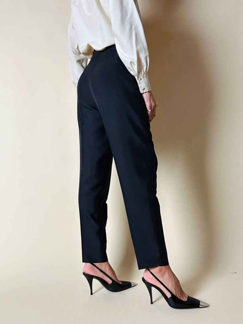 Pantalone vintage Gucci modello a vita alta con piega in seta nera