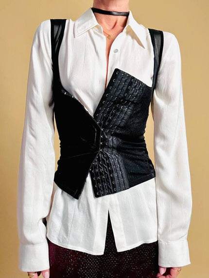 Gilet in tulle stretch nero con inserti in pizzo