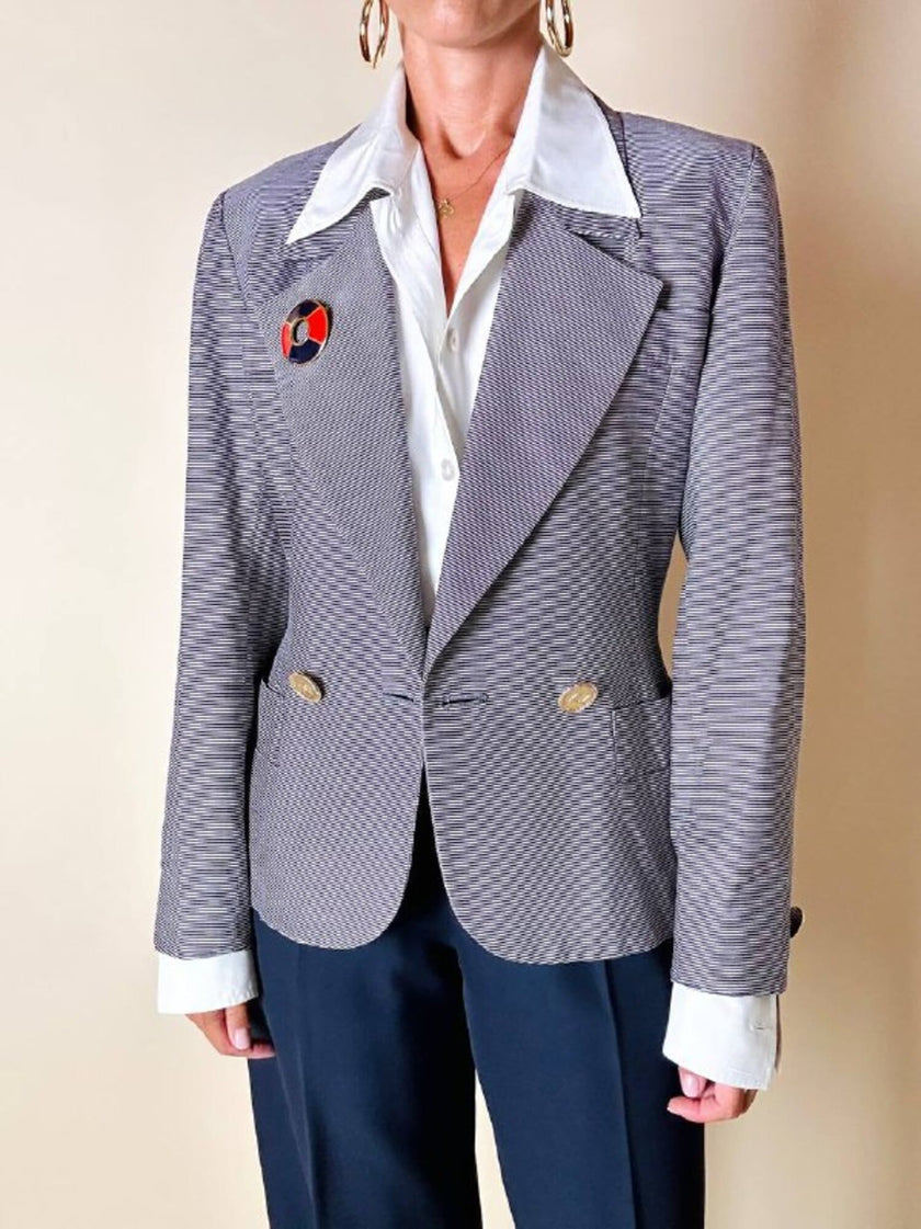 Blazer Yves Saint Laurent fantasia doppiopetto a righe bianche e blu con bottoni dorati