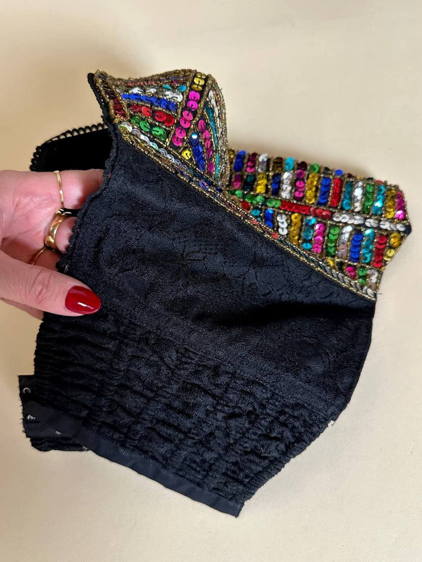 Bustier in paillettes multicolor e pizzo nero