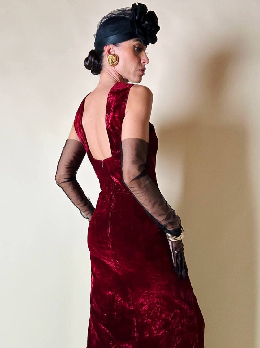 Abito lungo in velluto bordeaux “Evening Chic by Nancy Bracoloni”