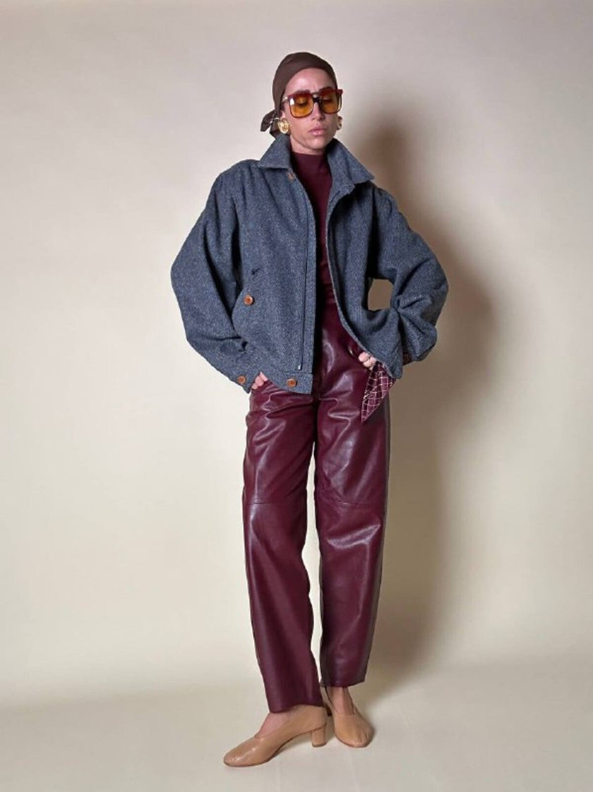 Bomber Yves Saint Laurent in lana grigio mélange con bottoni color cuoio