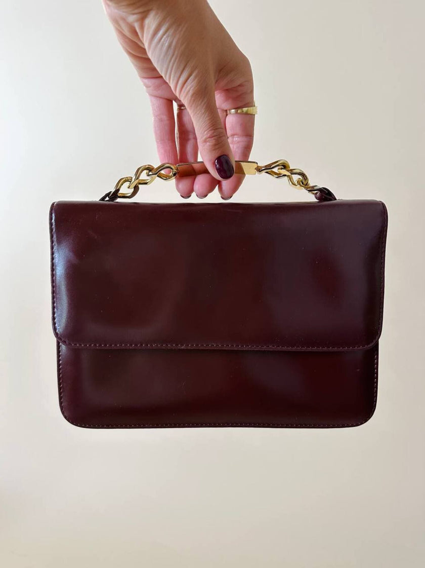 Fendissime handbag in burgundy brushed leather with gold chain jewel handle and detachable shoulder strap