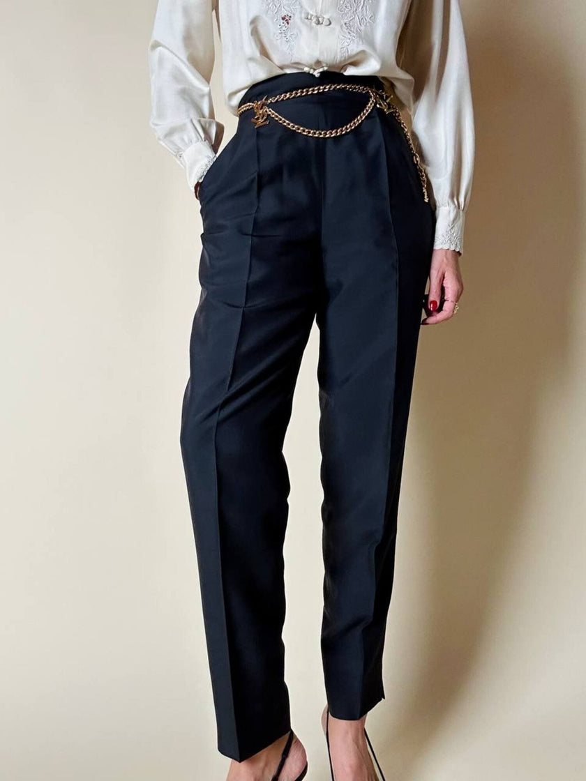 Pantalone vintage Gucci modello a vita alta con piega in seta nera