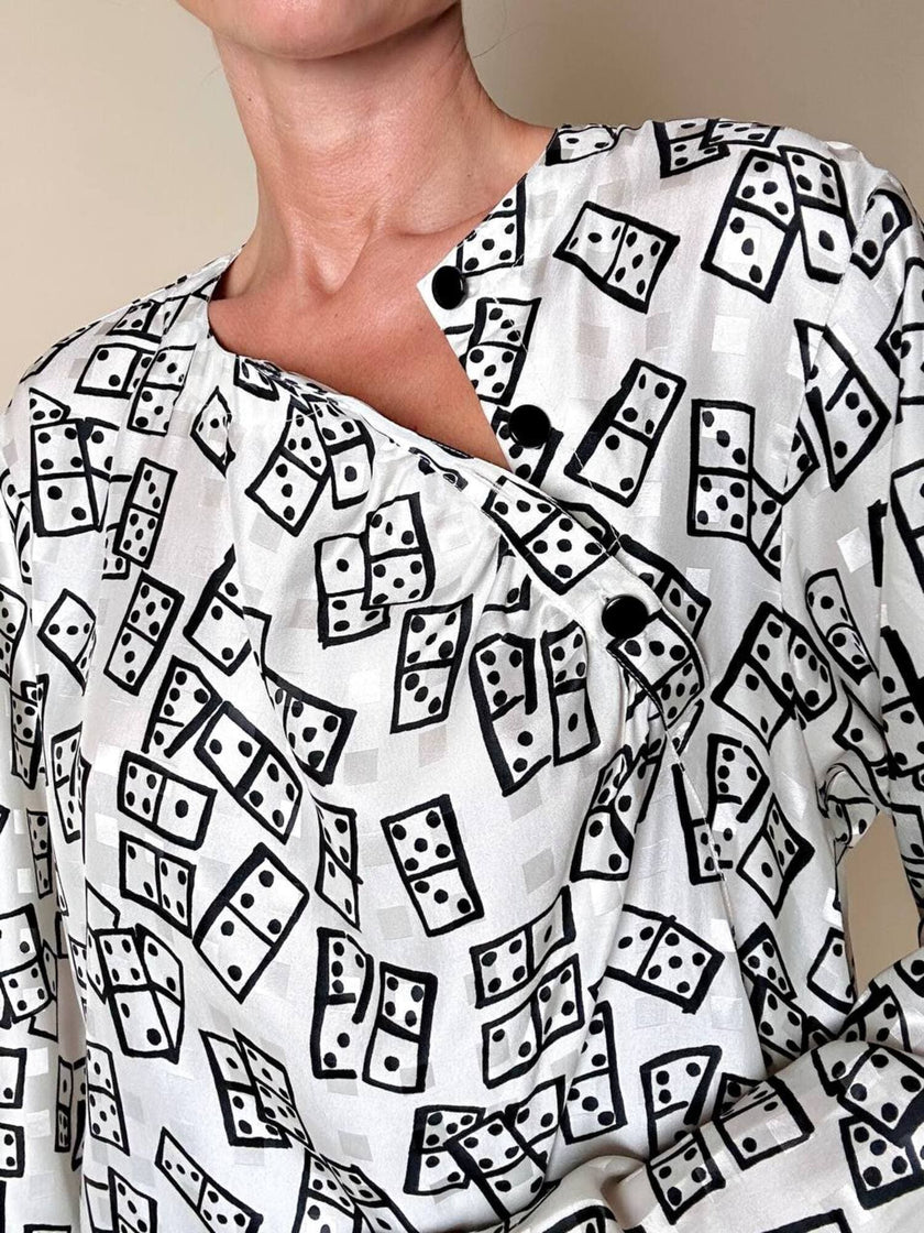 Blusa Yves Saint Laurent in tessuto jacquard bianco e nero fantasia Domino