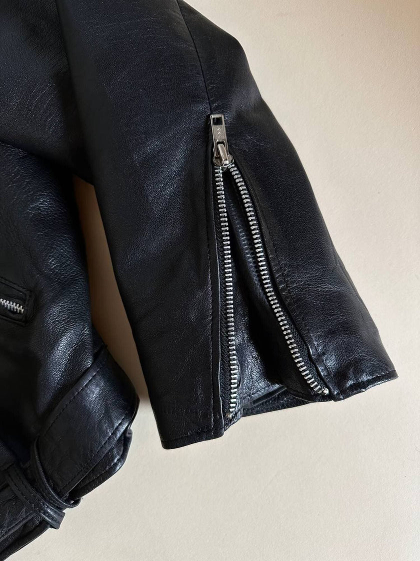 Giacca biker vintage in pelle nera ultra soft con fodera trapuntata in raso