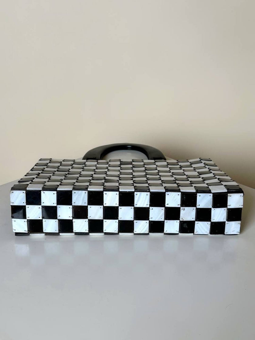 Vintage mother-of-pearl and horn handbag with checkered pattern and matching clutch
