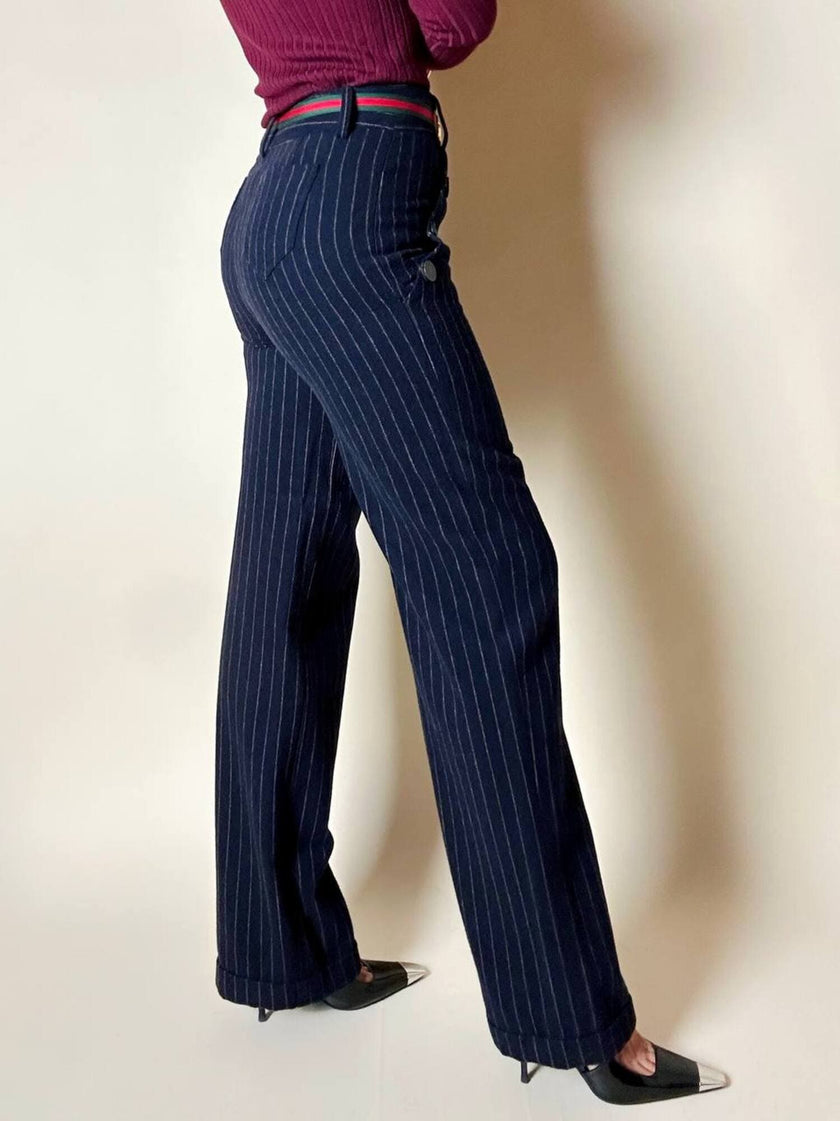 Pantalone a vita alta DOU DOU modello sailor in lana gessata blu notte