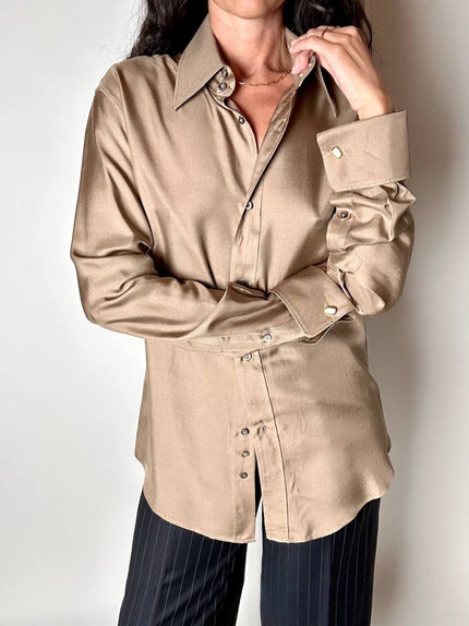 Camicia vintage Gucci in seta color tortora con bottoni in madreperla e gemelli ai polsi