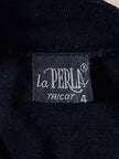 Body vintage La Perla in tulle nero e lana con applicazioni floreali in raso