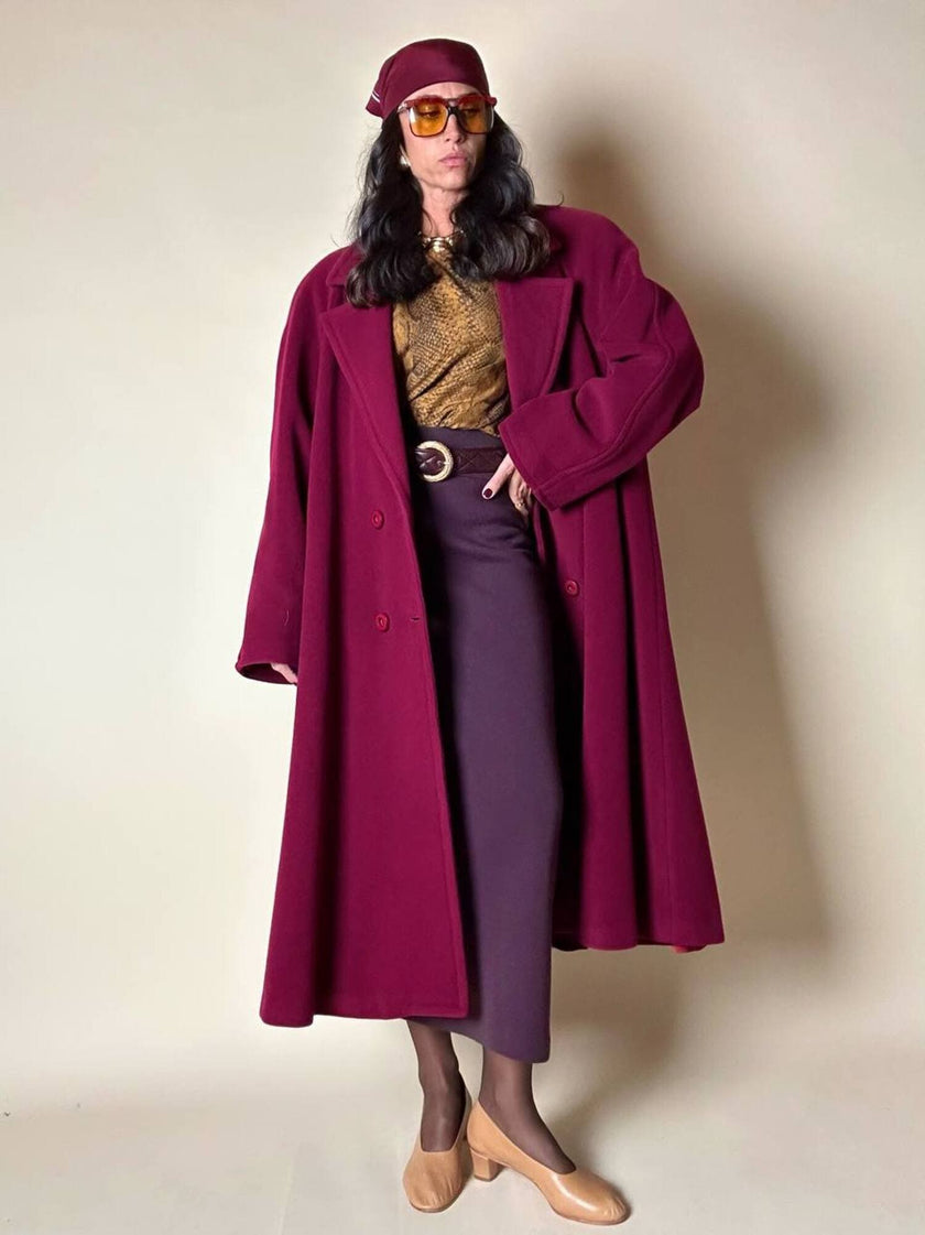 Cappotto doppiopetto oversize in lana rosso Borgogna Riflessi