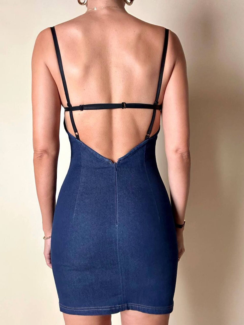 Mini abito D&G in denim blu scuro elasticizzato con scollo sulla schiena