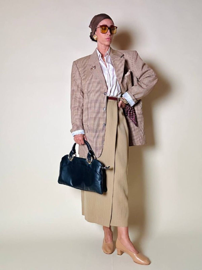 Blazer oversize in fresco di lana principe di Galles beige e marrone Vincam