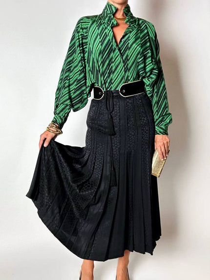 Gonna vintage Valentino in seta jacquard nera con lavorazione plissé