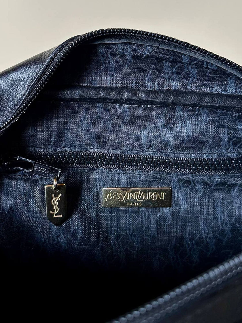 Borsa Bandoulière vintage Yves Saint Laurent in tessuto nero plastificato con riporti in pelle