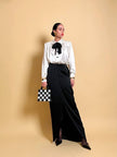 Camicia in raso bianco con fiocco nero “Yves Saint Laurent”