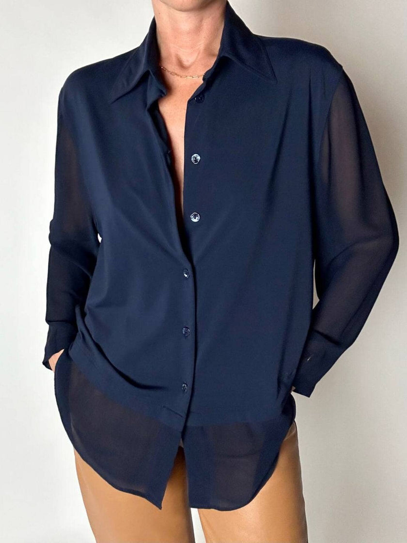 Camicia vintage Fendi Jeans blu navy con dettagli in crepe chiffon e bottoni in madreperla