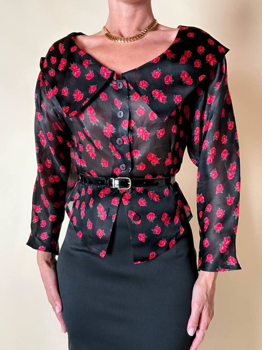 Camicia in organza nera fantasia rose rosse “Byblos”