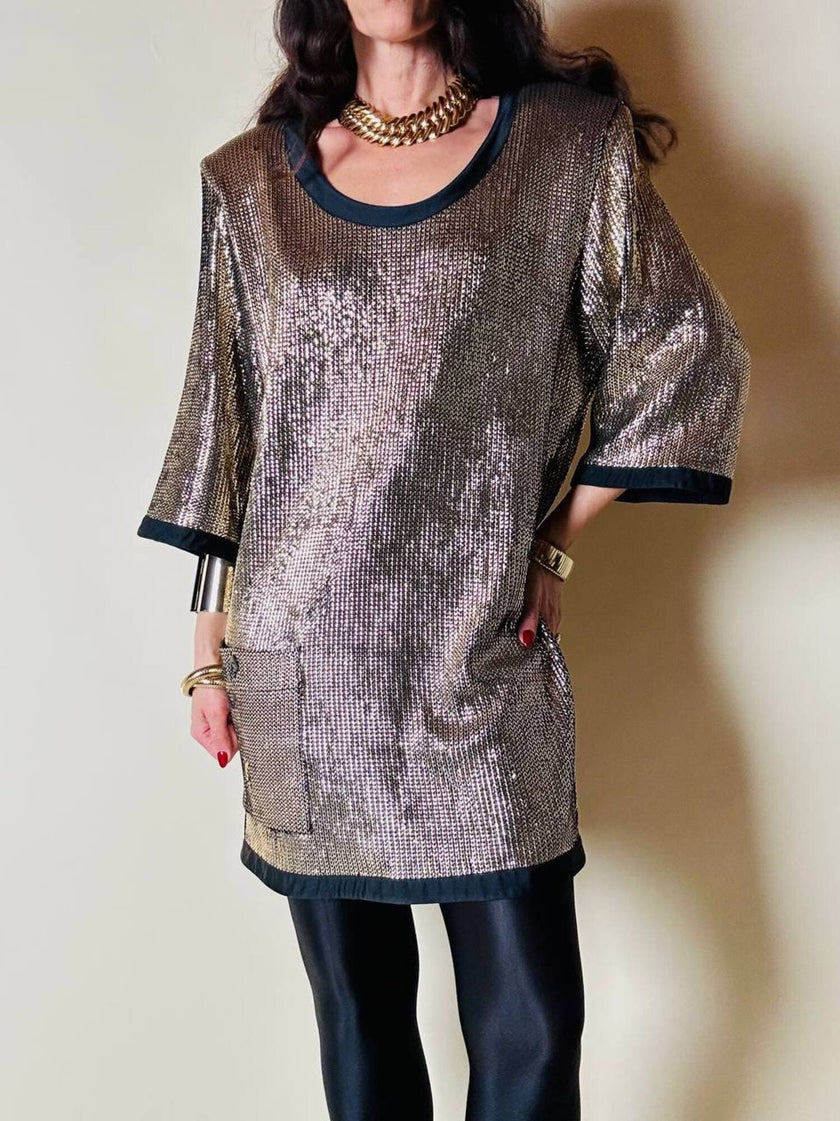 Mini dress oro in tessuto operato con profili neri in raso nero  “Yves Saint Laurent”